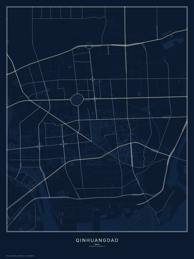 Qinhuangdao map poster, midnight style