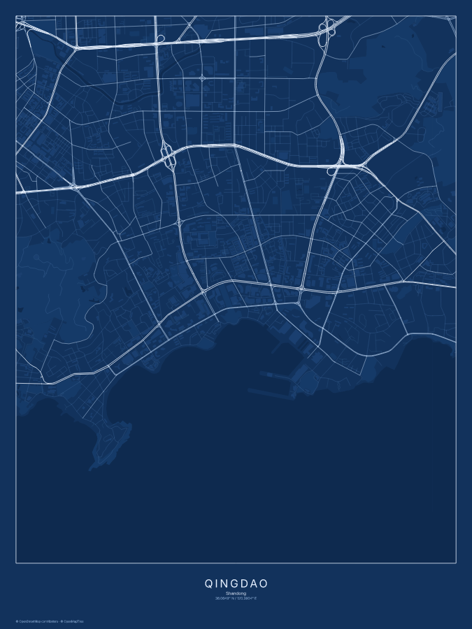Qingdao map poster, blueprint style