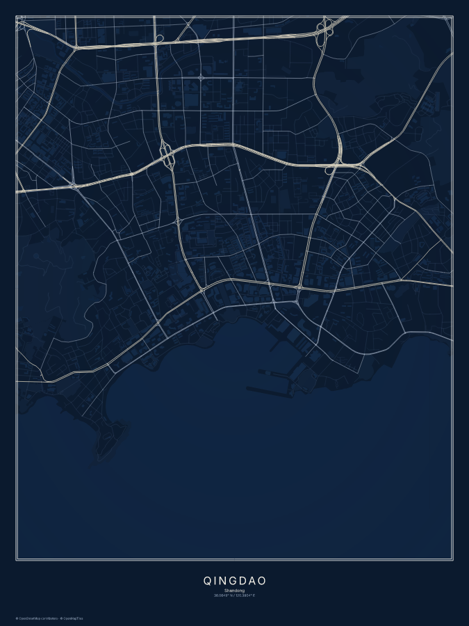 Qingdao map poster, midnight style
