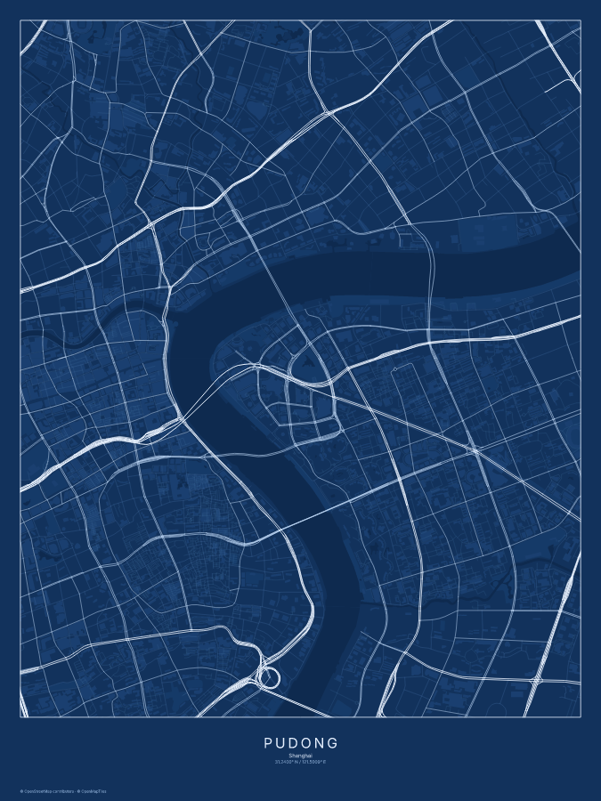 Pudong map poster, blueprint style