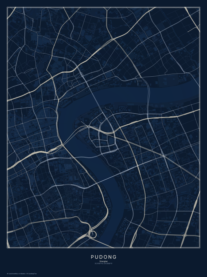 Pudong map poster, midnight style