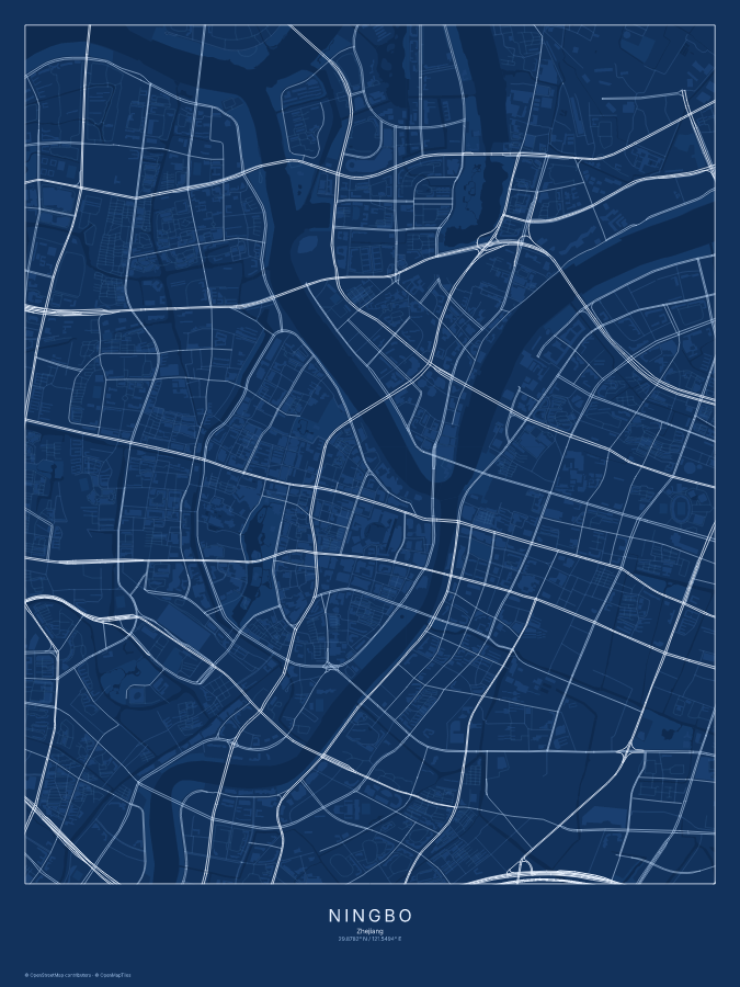 Ningbo map poster, blueprint style