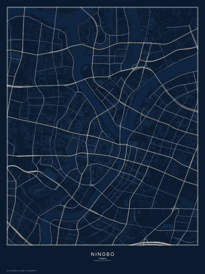 Ningbo map poster, midnight style