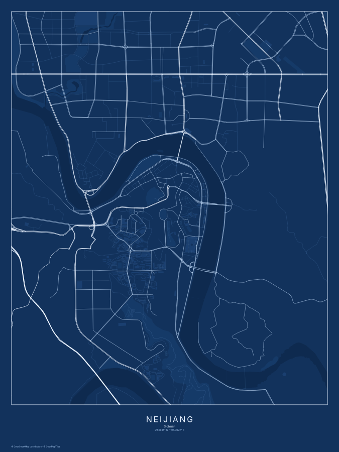 Neijiang map poster, blueprint style