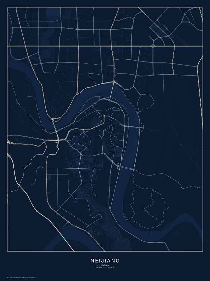 Neijiang map poster, midnight style