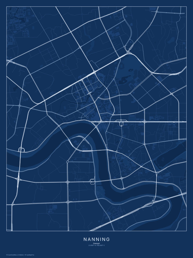 Nanning map poster, blueprint style