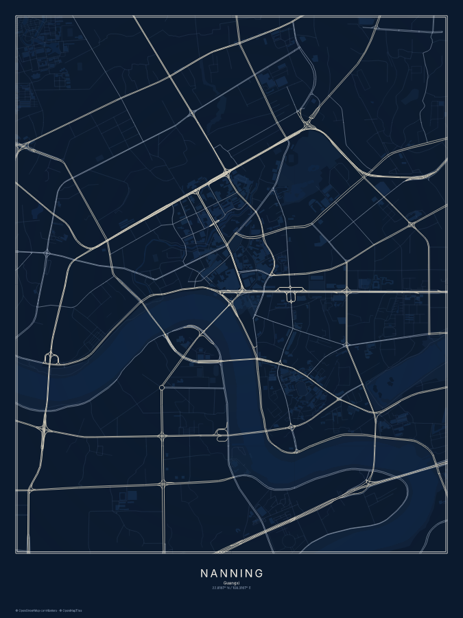 Nanning map poster, midnight style