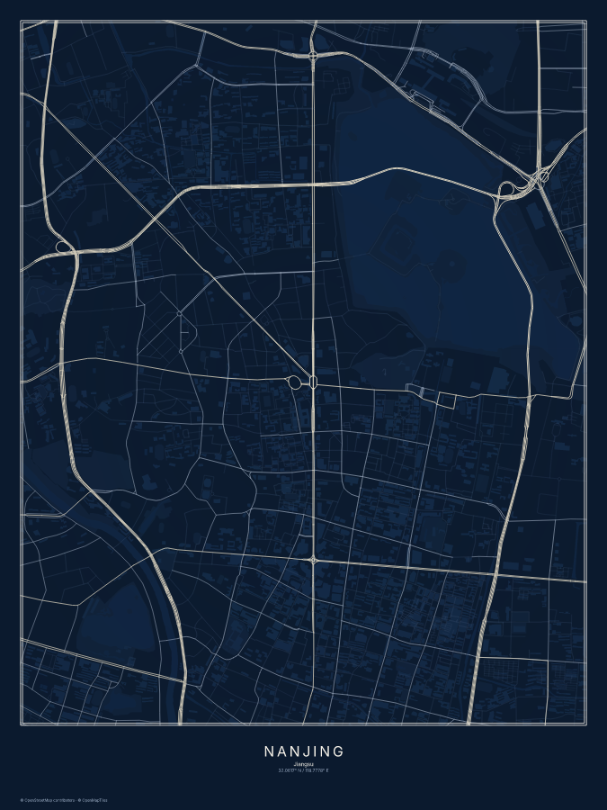 Nanjing map poster, midnight style