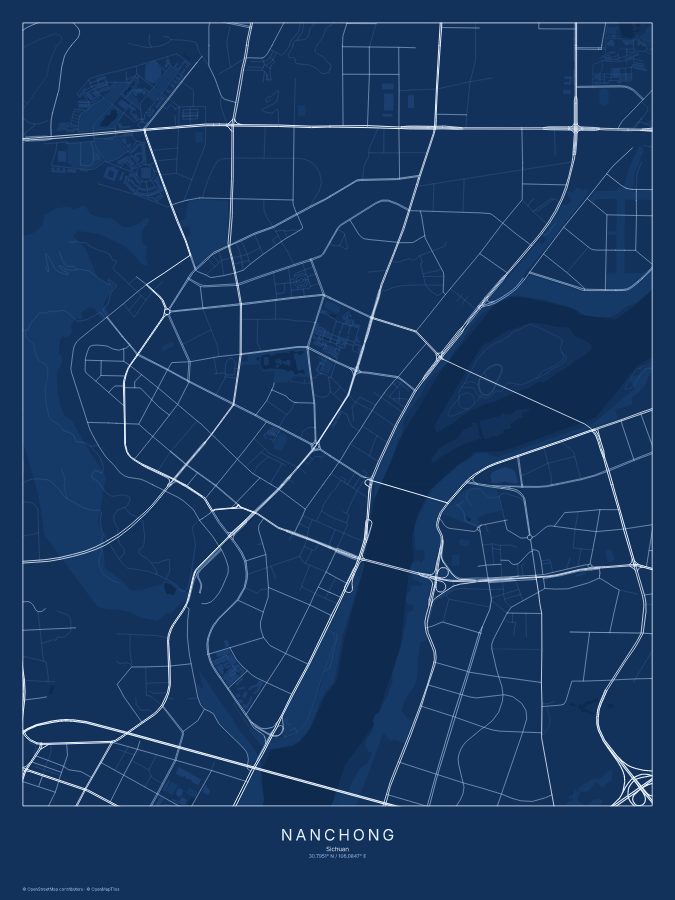 Nanchong map poster, blueprint style
