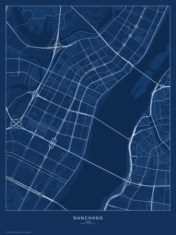 Nanchang map poster, blueprint style