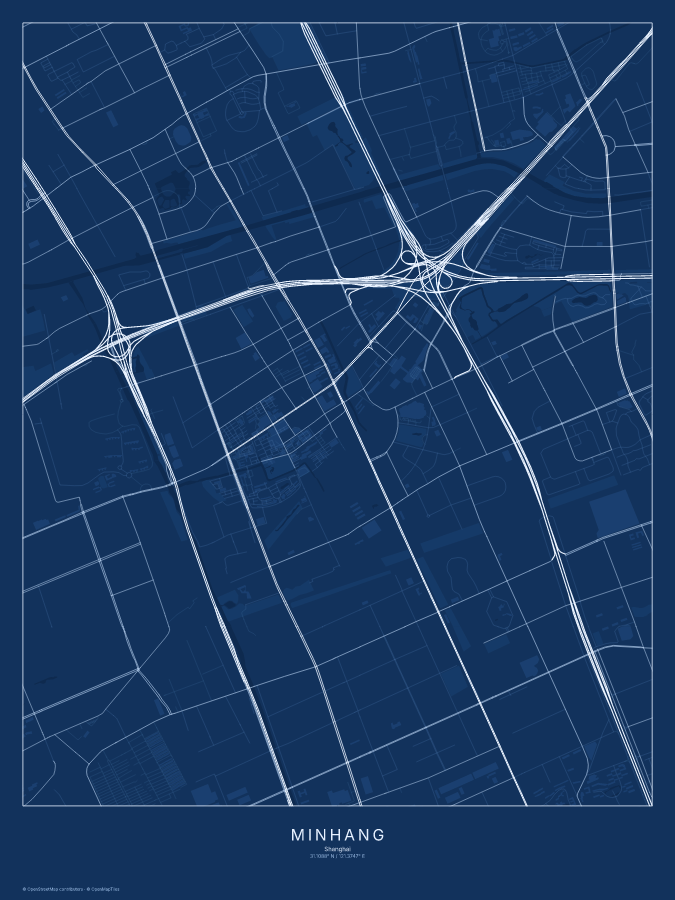 Minhang map poster, blueprint style