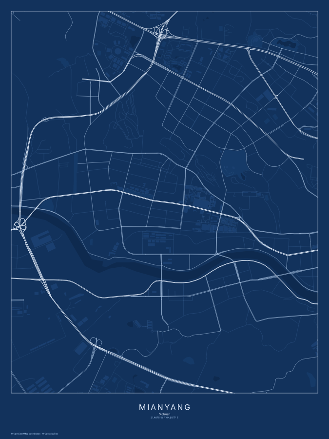 Mianyang map poster, blueprint style