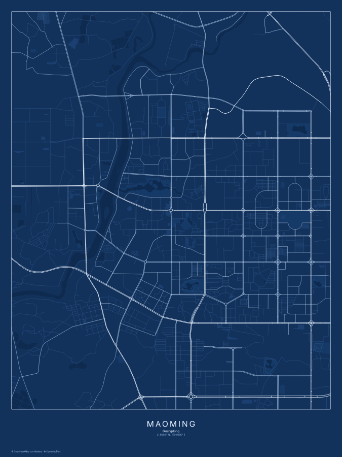 Maoming map poster, blueprint style