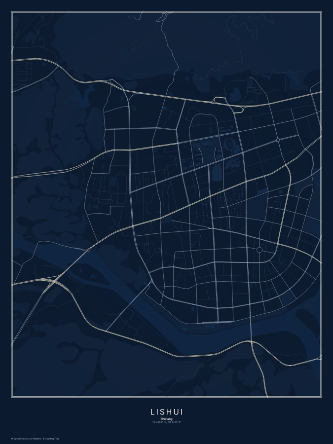 Lishui map poster, midnight style