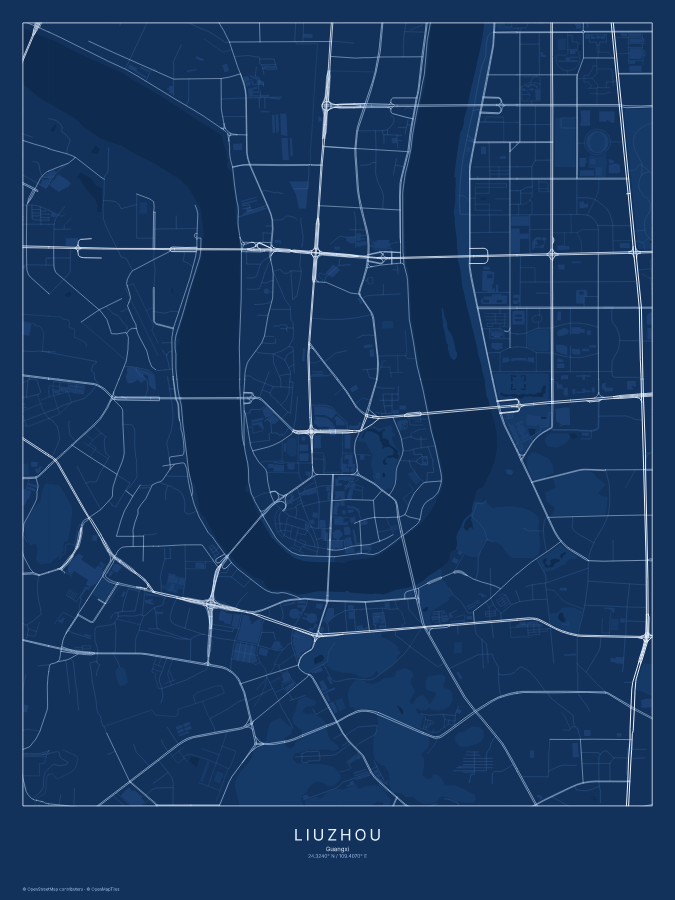 Liuzhou map poster, blueprint style