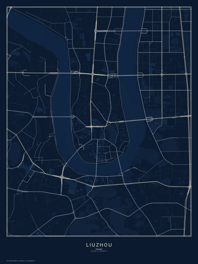Liuzhou map poster, midnight style