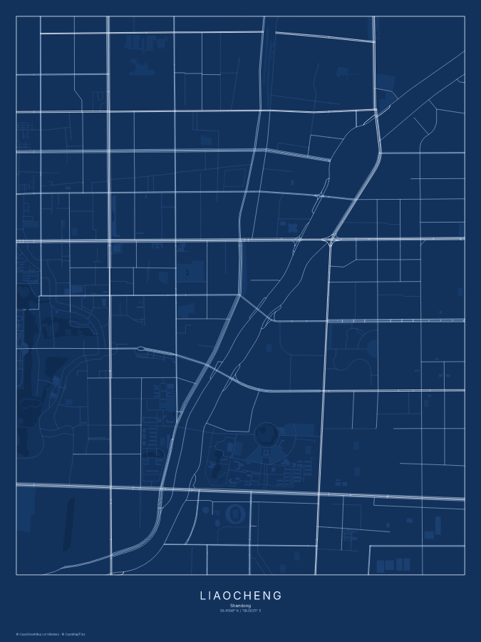 Liaocheng map poster, blueprint style