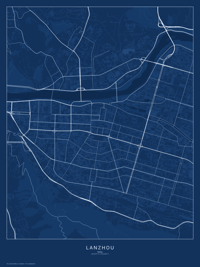 Lanzhou map poster, blueprint style