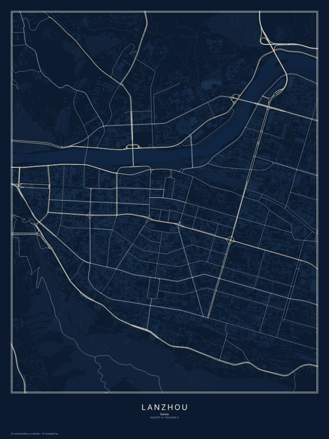 Lanzhou map poster, midnight style