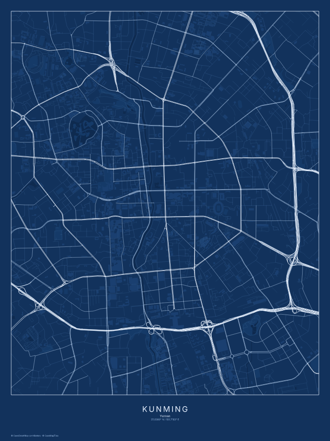 Kunming map poster, blueprint style