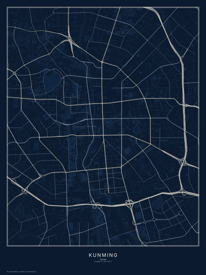 Kunming map poster, midnight style