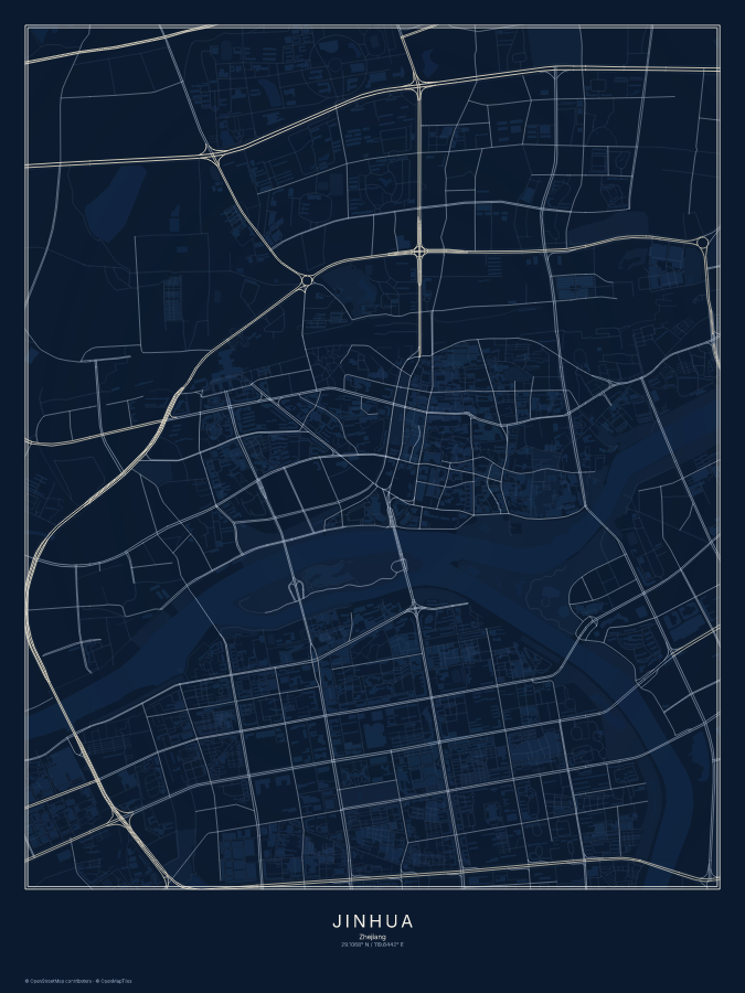 Jinhua map poster, midnight style