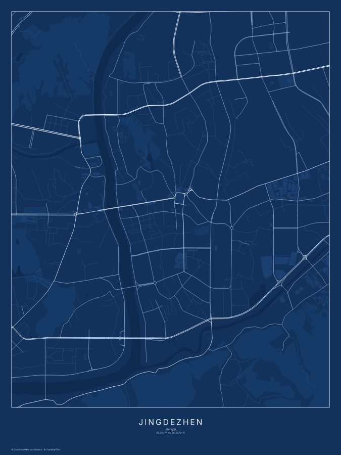 Jingdezhen map poster, blueprint style