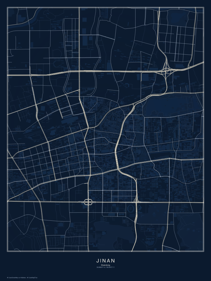 Jinan map poster, midnight style