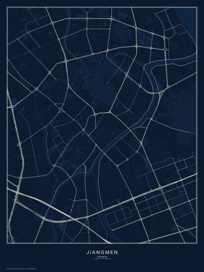 Jiangmen map poster, midnight style