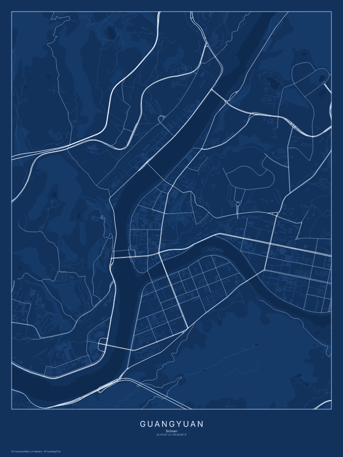 Guangyuan map poster, blueprint style