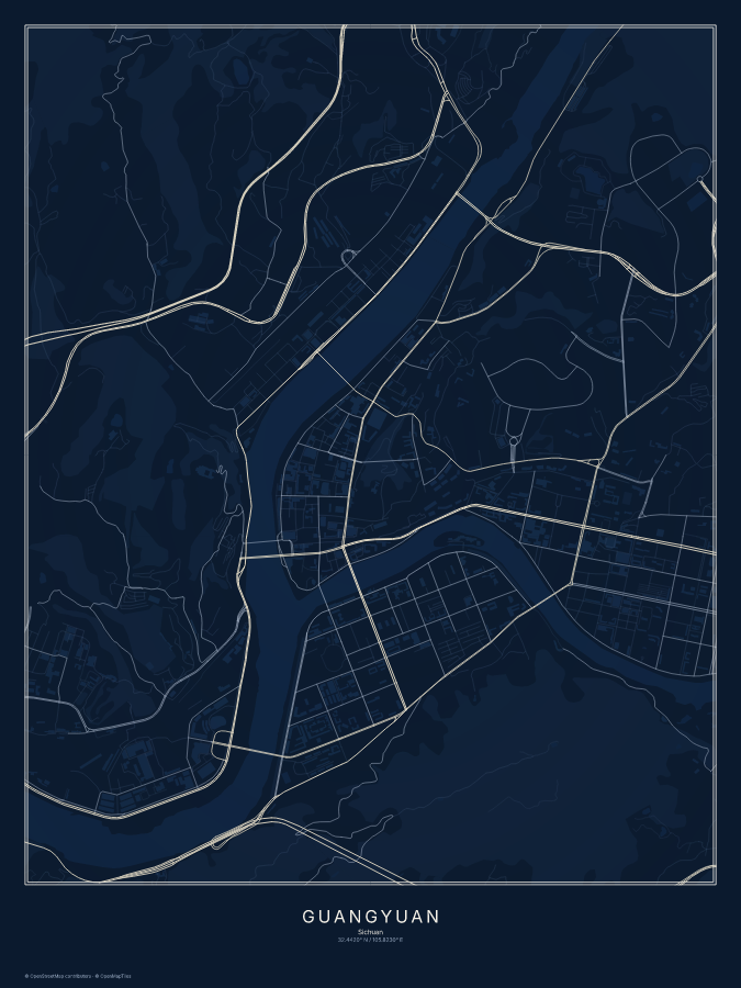 Guangyuan map poster, midnight style