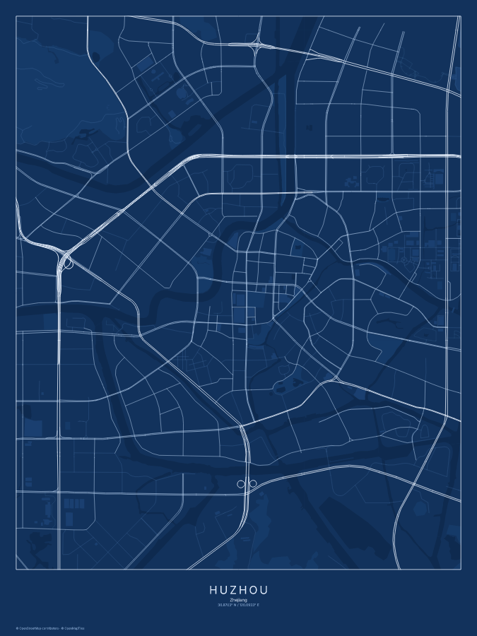 Huzhou map poster, blueprint style