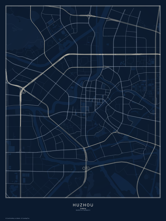 Huzhou map poster, midnight style