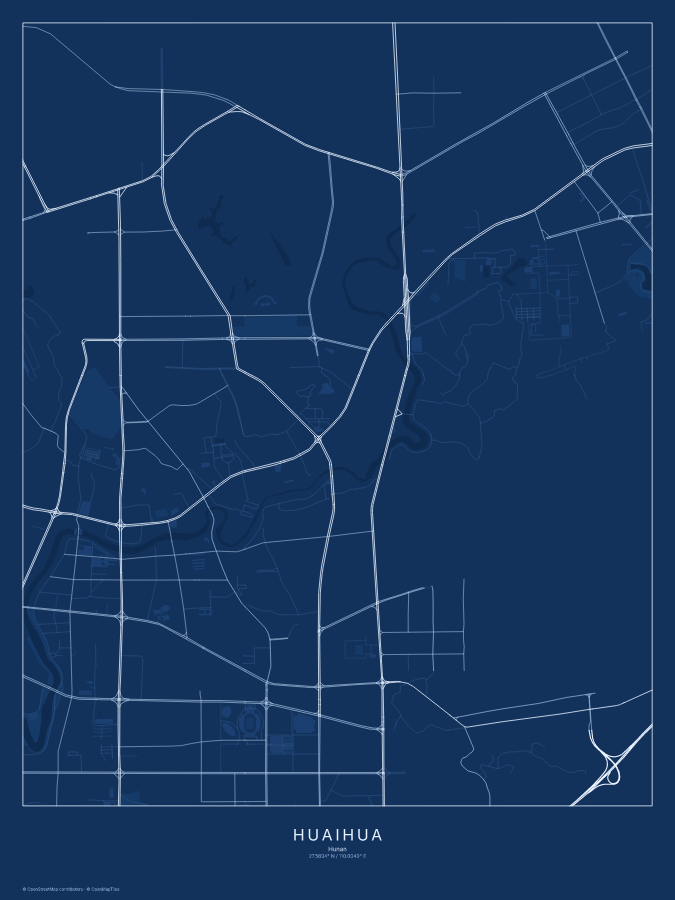 Huaihua map poster, blueprint style