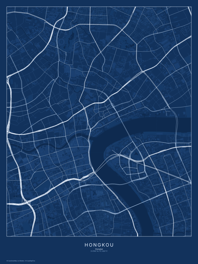 Hongkou map poster, blueprint style