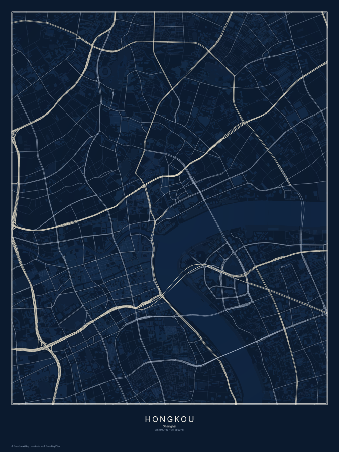 Hongkou map poster, midnight style