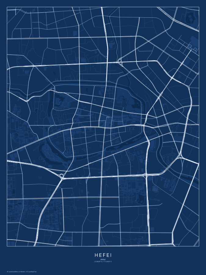 Hefei map poster, blueprint style