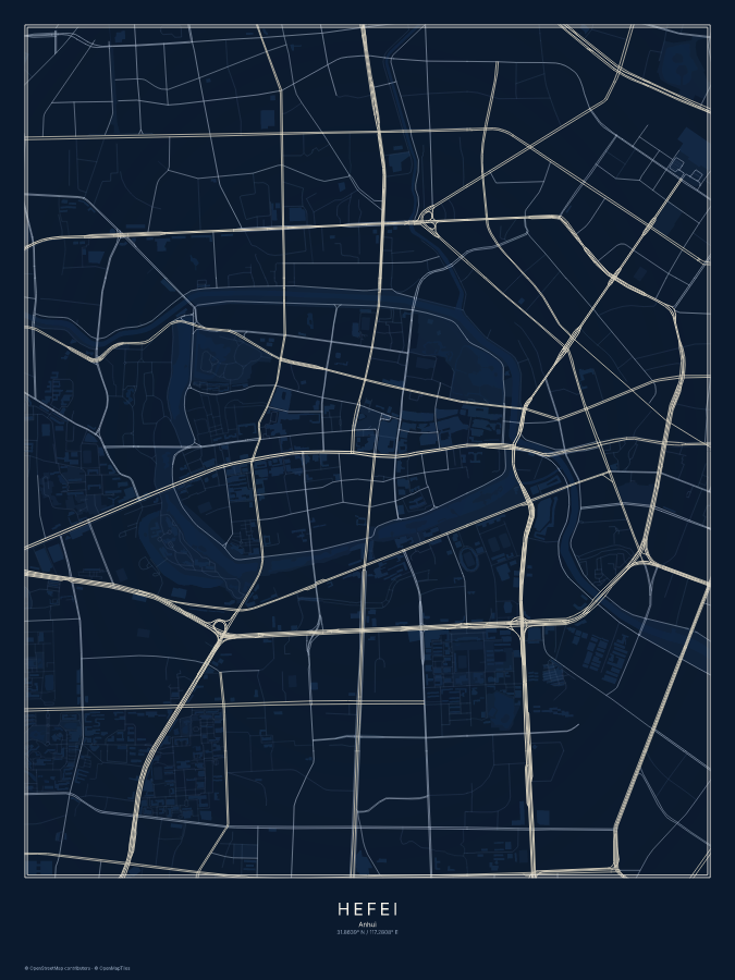 Hefei map poster, midnight style