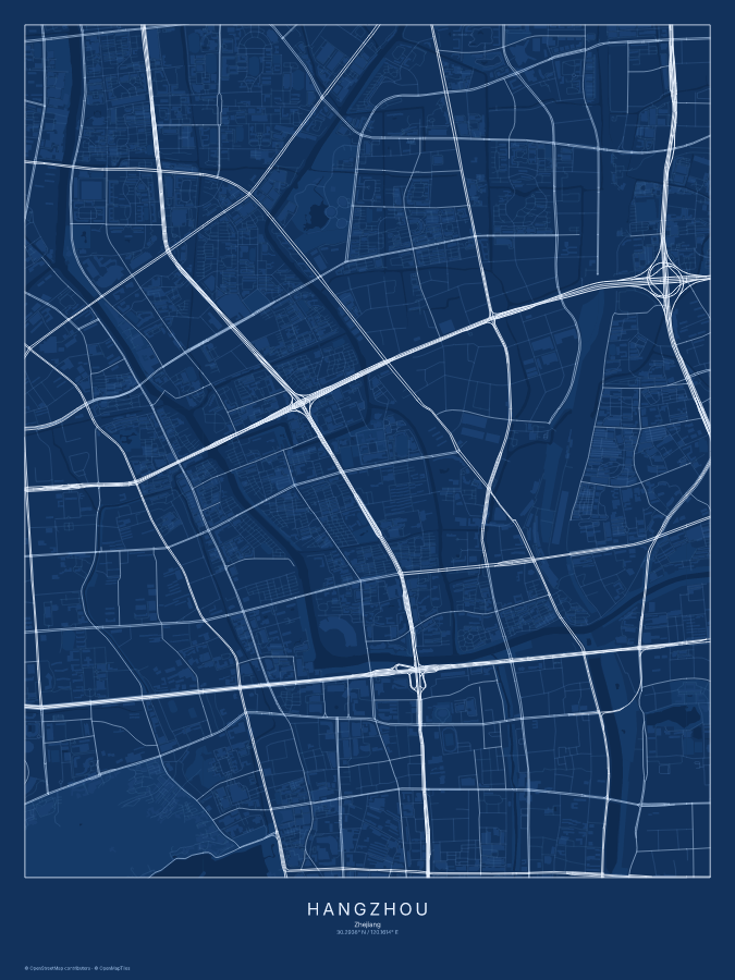 Hangzhou map poster, blueprint style