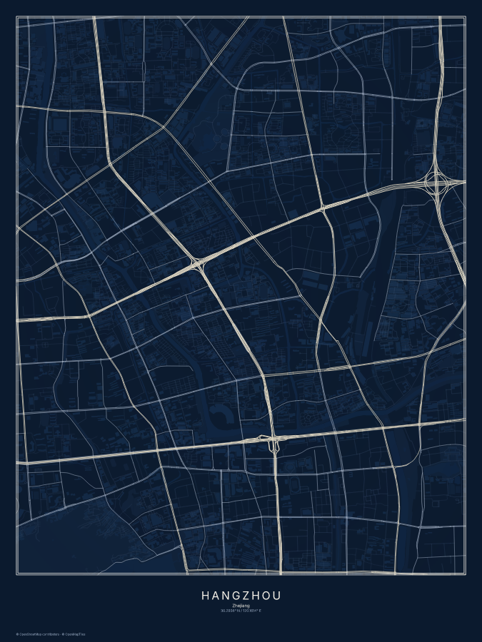 Hangzhou map poster, midnight style