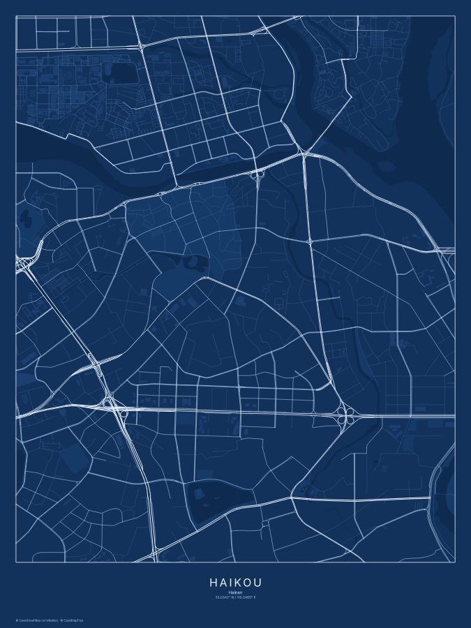 Haikou map poster, blueprint style