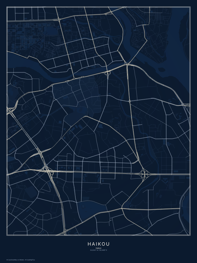Haikou map poster, midnight style