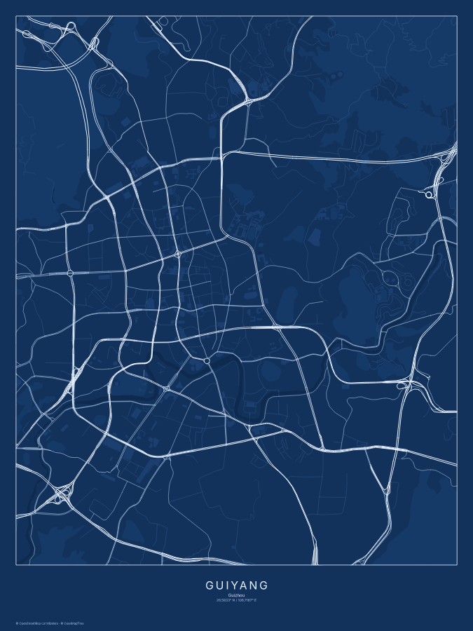 Guiyang map poster, blueprint style