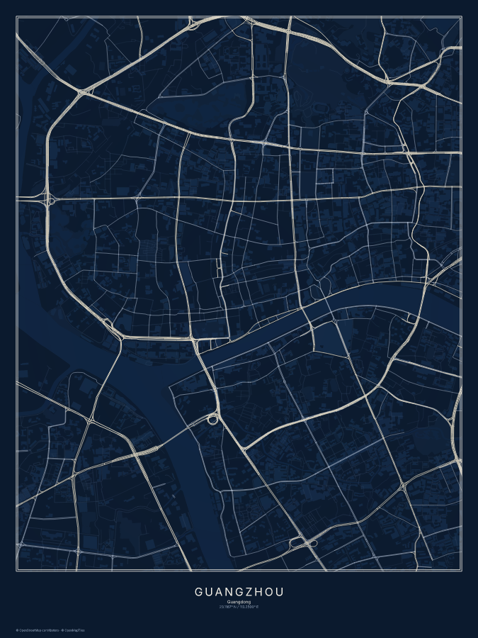 Guangzhou map poster, midnight style