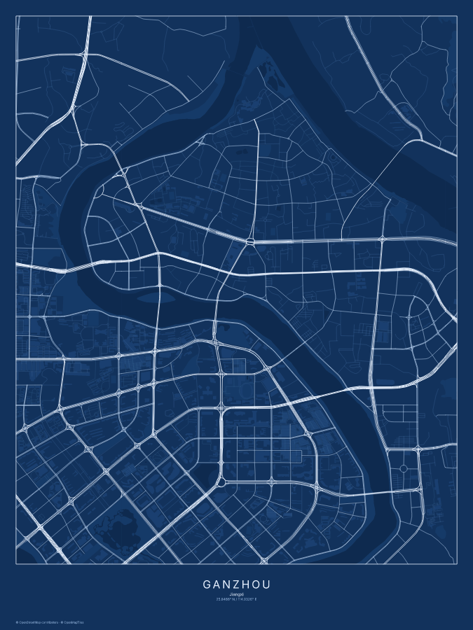 Ganzhou map poster, blueprint style