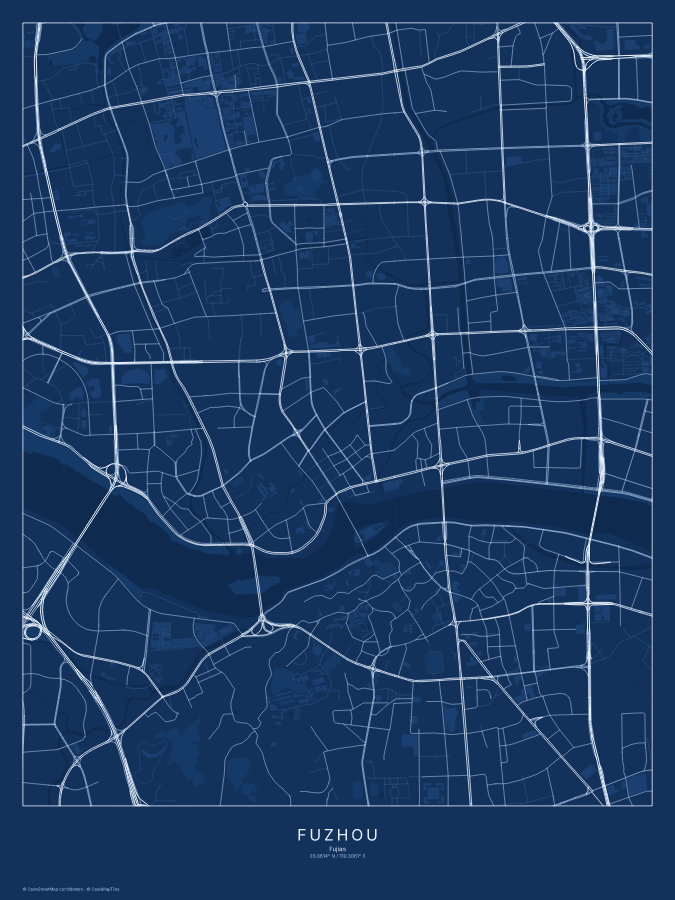 Fuzhou map poster, blueprint style