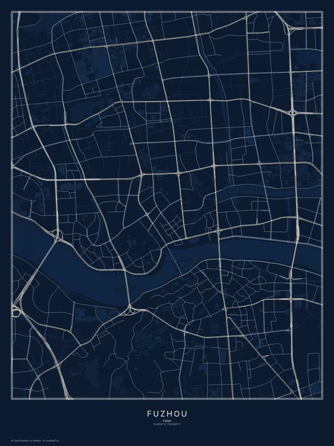 Fuzhou map poster, midnight style