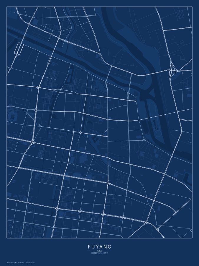Fuyang map poster, blueprint style