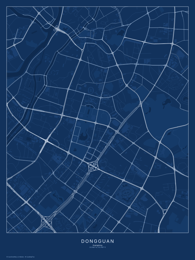 Dongguan map poster, blueprint style