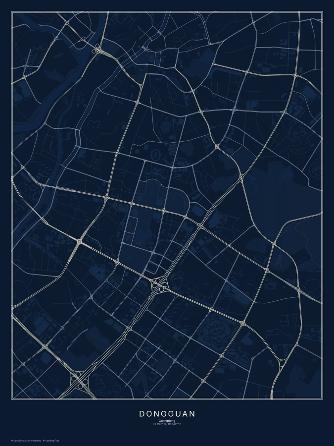 Dongguan map poster, midnight style